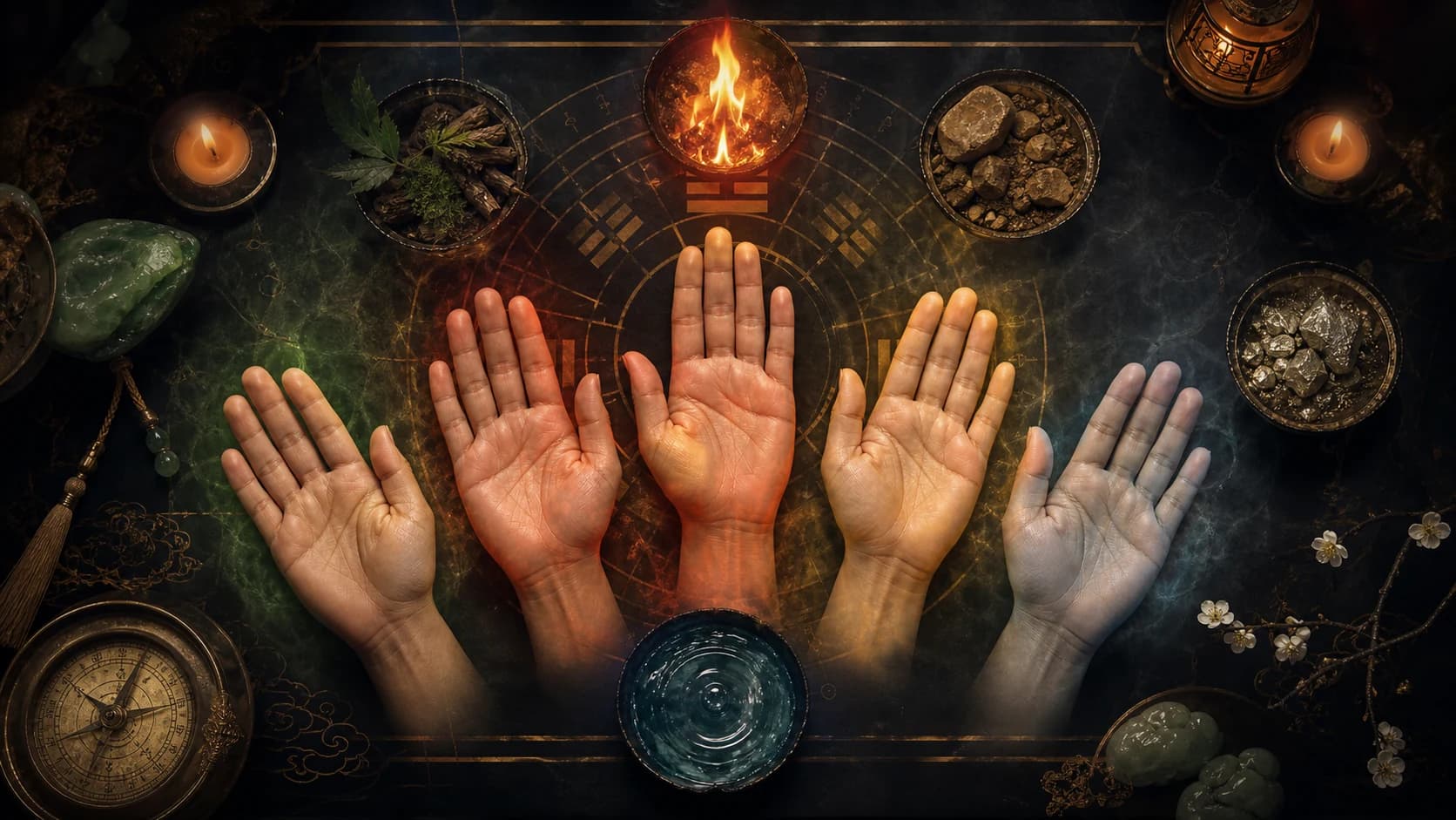 Five hands arranged with wood fire earth metal and water ritual objects