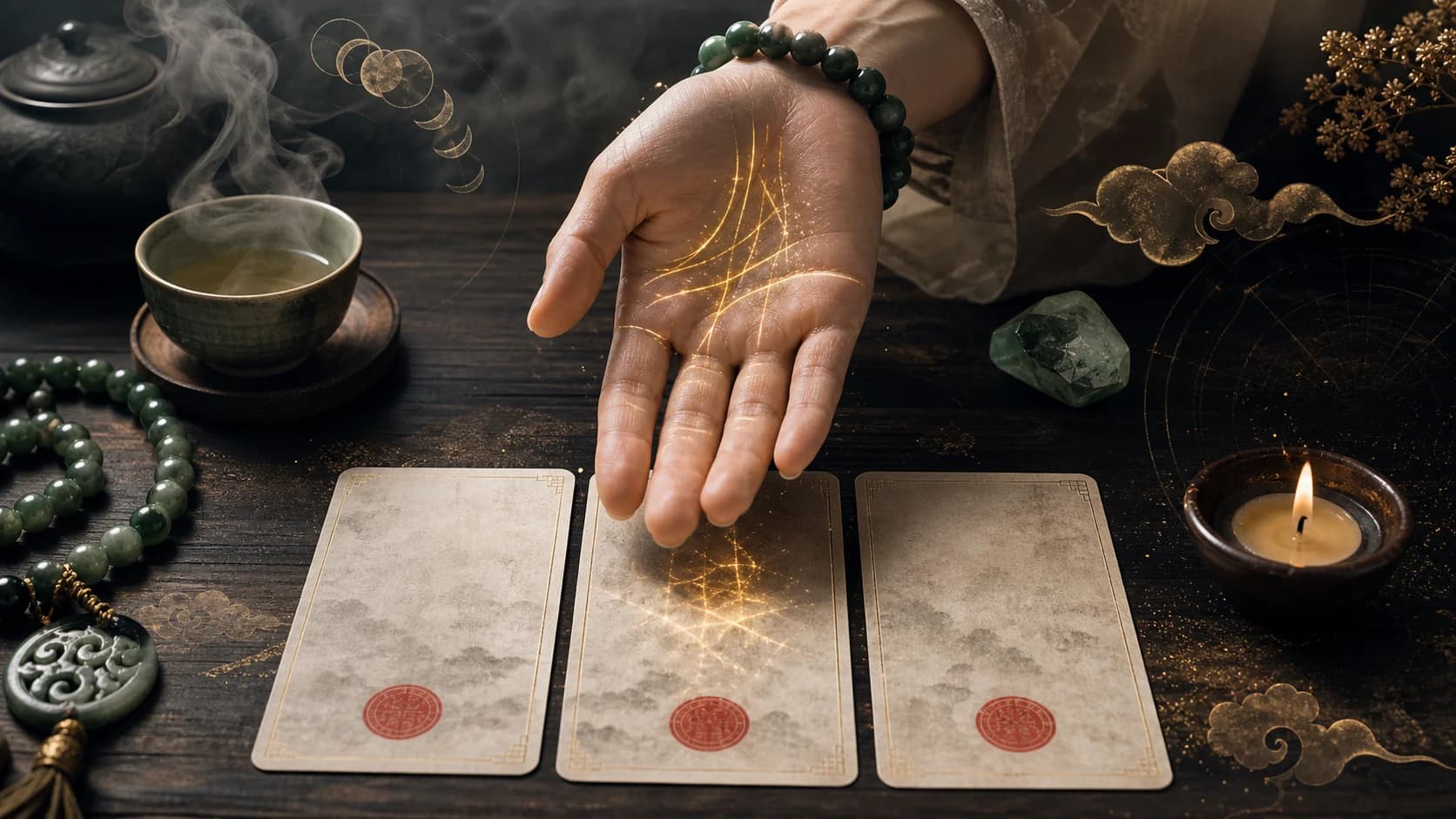 A hovering palm above blank oracle cards in a calm morning ritual