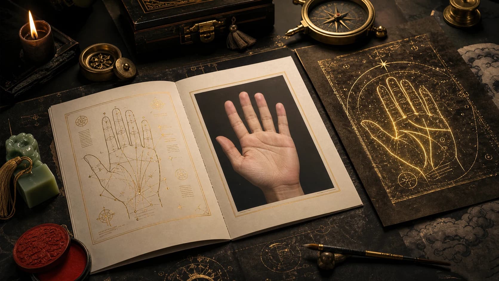 A palmistry report desk with a hand photo and gold line diagram