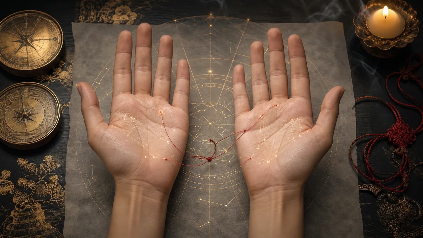 Two palms connected by a red thread and subtle gold constellations