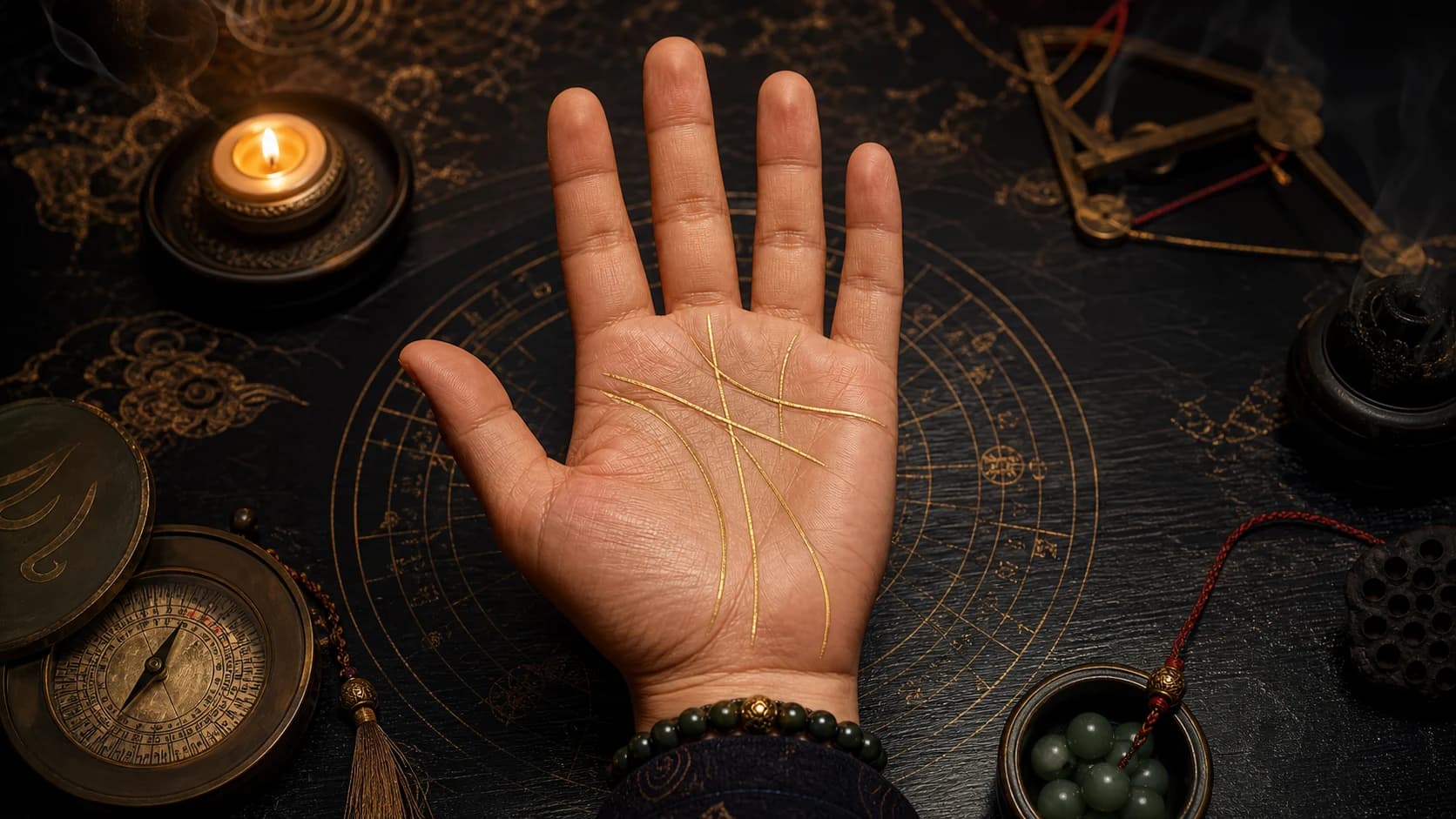 A clear open palm over a dark astrolabe table