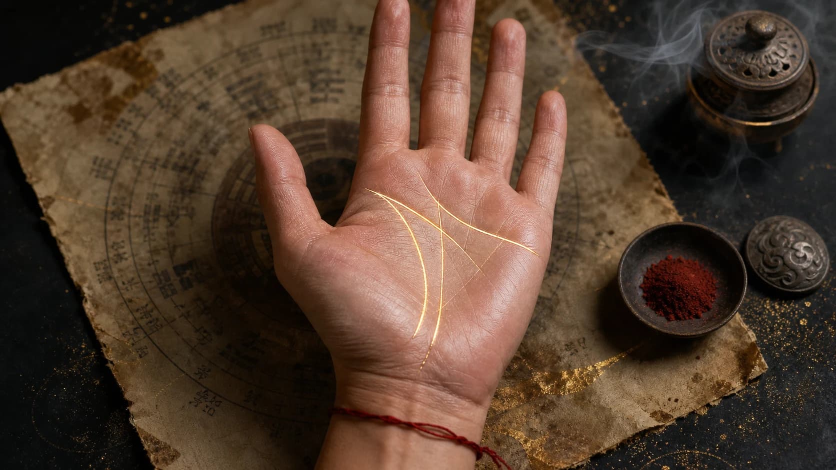 A clear palm line study on rice paper and ritual objects