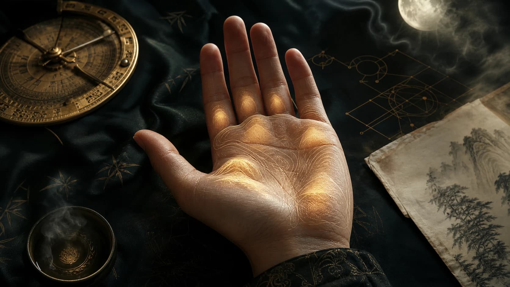 An open palm with hand mounts glowing like a small landscape